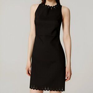 Ann Taylor Loft Black Laser Cut Scalloped Minimalist Fitted Sheath Midi Dress 2